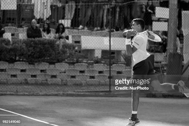Image has been converted to black and white.) Thiago Monteiro during match between Thiago Monteiro and Paolo Lorenzi during Men Semi-Final match at...