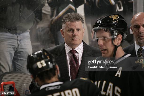 Head coach Marc Crawford of the Dallas Stars looks on from the bench against the San Jose Sharks on March 31, 2010 at the American Airlines Center in...