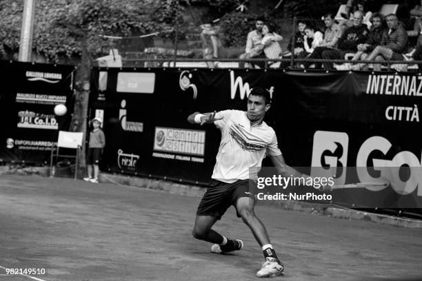 Image has been converted to black and white.) Thiago Monteiro during match between Thiago Monteiro and Paolo Lorenzi during Men Semi-Final match at...