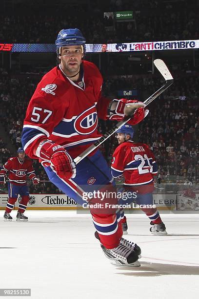 Benoit Pouliot of the Montreal Canadiens waits for a pass during the NHL game against the New Jersey Devilson March 27, 2010 at the Bell Center in...
