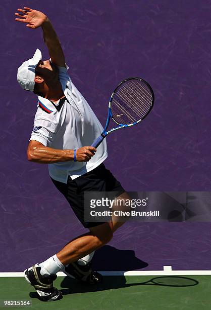Andy Roddick of the United States serves against Rafael Nadal of Spain during day eleven of the 2010 Sony Ericsson Open at Crandon Park Tennis Center...