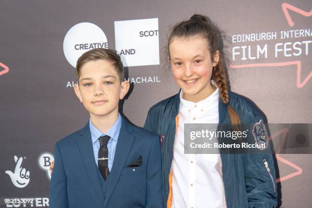 Actors Badger Skelton and Bella Ramsey attend a photocall for the World Premiere of 'Two for joy' during the 72nd Edinburgh International Film...