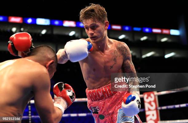 Archie Sharp in action against Lester Cantillano during their Super-Featherweight contest fight at The O2 Arena on June 23, 2018 in London, England.