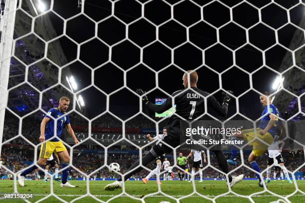 Julian Draxler of Germany attempts to score past Robin Olsen of Sweden during the 2018 FIFA World Cup Russia group F match between Germany and Sweden...