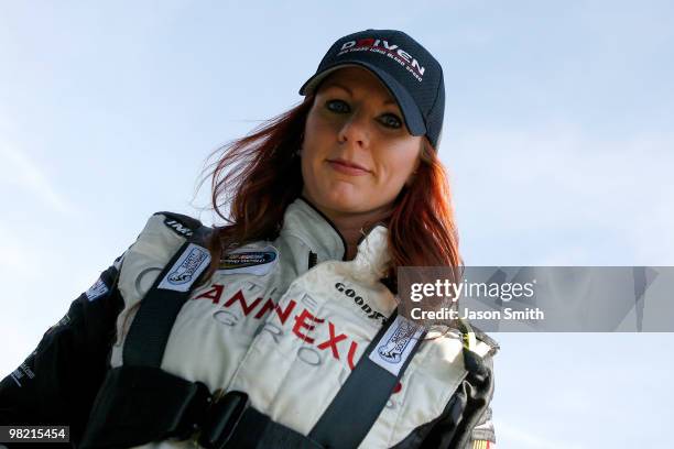 Jennifer Jo Cobb, driver of the driverboutique.com Ford, looks on during practice for the NASCAR Camping World Truck Series Nashville 200 at...