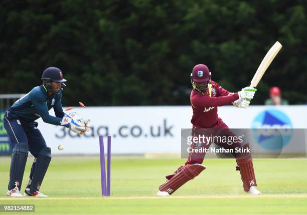 Jason Mohammed of West Indies is bowled during the Tri-Series International match between England Lions and West Indies A at The 3aaa County Ground...