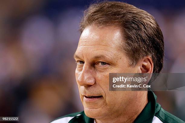 Head coach Tom Izzo of the Michigan State Spartans looks on during practice prior to the 2010 Final Four of the NCAA Division I Men's Basketball...