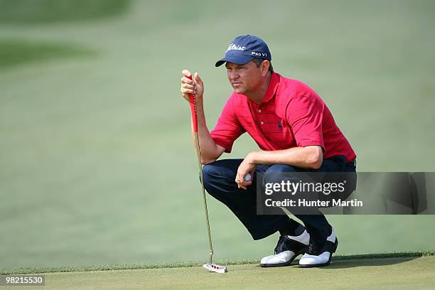 Davis Love III lines up his putt on the 15th hole during the second round of the Shell Houston Open at Redstone Golf Club on April 2, 2010 in Humble,...