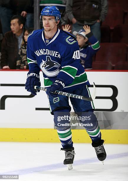 Michael Grabner of the Vancouver Canucks skates up ice during the game against the San Jose Sharks at General Motors Place on March 18, 2010 in...