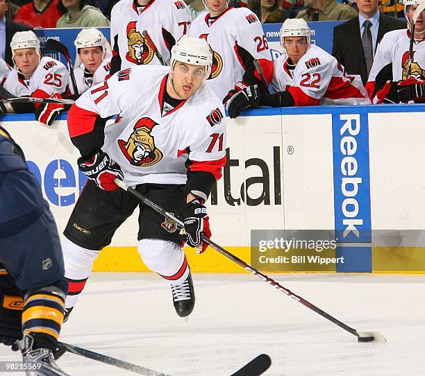 Nick Foligno of the Ottawa Senators looks to shoot the puck against the Buffalo Sabres on March 26, 2010 at HSBC Arena in Buffalo, New York.