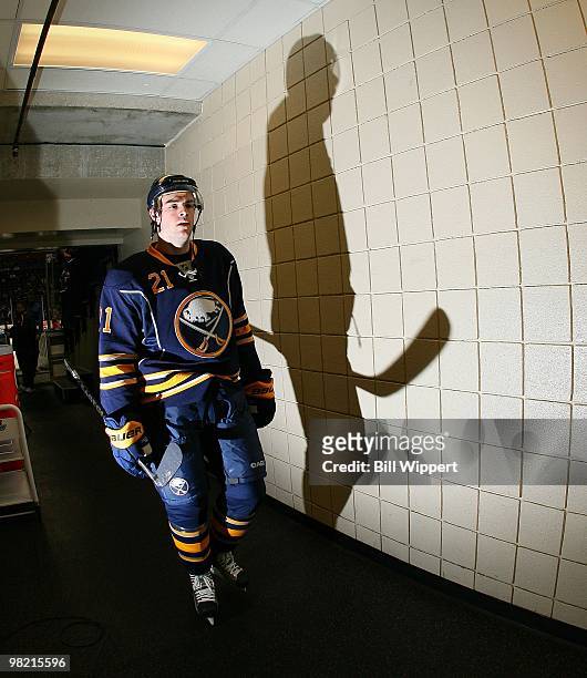 Drew Stafford of the Buffalo Sabres and his shadow prepare to play against the Ottawa Senators on March 26, 2010 at HSBC Arena in Buffalo, New York.