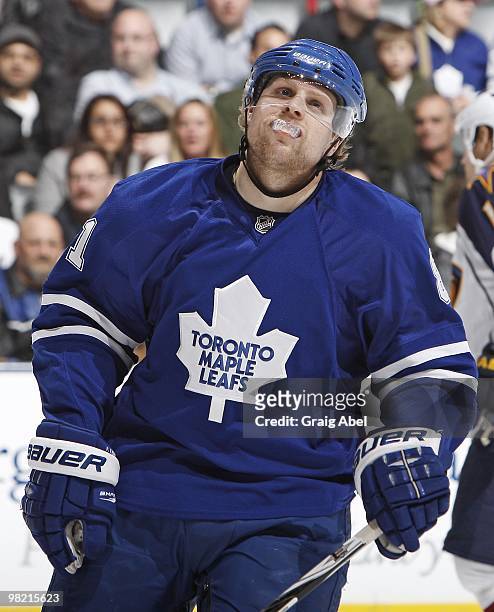 Phil Kessel of the Toronto Maple Leafs looks on during the game against the Atlanta Thrashers on March 30, 2010 at the Air Canada Centre in Toronto,...