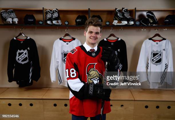 Jonathan Gruden poses for a portrait after being selected 95th overall by the Ottawa Senators during the 2018 NHL Draft at American Airlines Center...