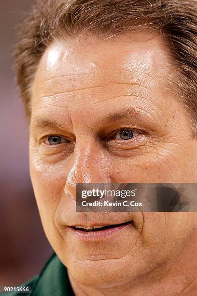 Head coach Tom Izzo of the Michigan State Spartans looks on during practice prior to the 2010 Final Four of the NCAA Division I Men's Basketball...