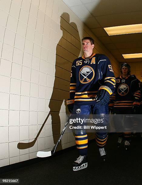 Jochen Hecht of the Buffalo Sabres and his shadow prepare to play against the Ottawa Senators on March 26, 2010 at HSBC Arena in Buffalo, New York.