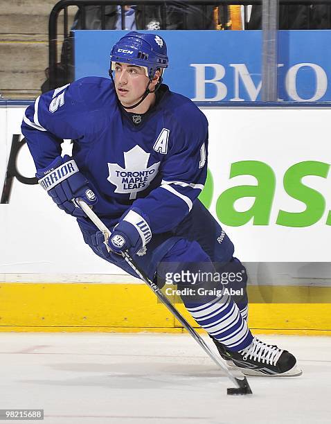 Tomas Kaberle of the Toronto Maple Leafs looks to pass the puck during the game against the Atlanta Thrashers on March 30, 2010 at the Air Canada...