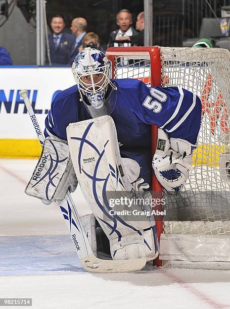 Jonas Gustavsson of the Toronto Maple Leafs defends the goal during the game against the Atlanta Thrashers on March 30, 2010 at the Air Canada Centre...