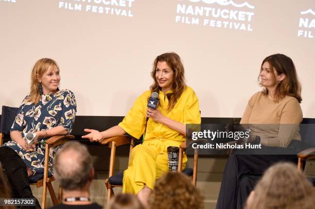 Miranda Bailey, Alysia Reiner, and Jeanne Tripplehorn speak onstage during Women Behind the Words at the 2018 Nantucket Film Festival - Day 4 on June...