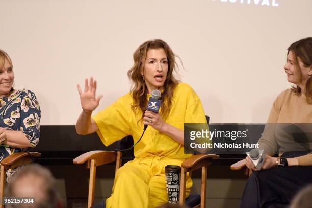 Miranda Bailey, Alysia Reiner, and Jeanne Tripplehorn speak onstage during Women Behind the Words at the 2018 Nantucket Film Festival - Day 4 on June...