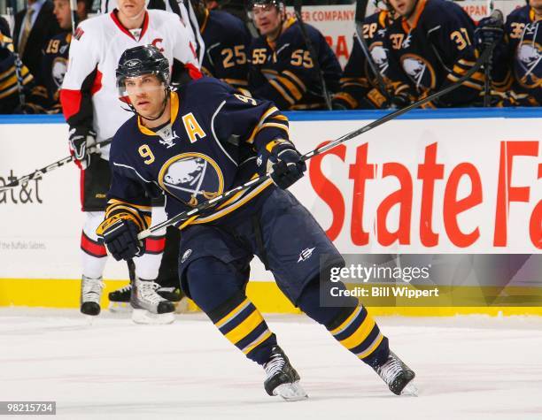 Derek Roy of the Buffalo Sabres skates against the Ottawa Senators on March 26, 2010 at HSBC Arena in Buffalo, New York.