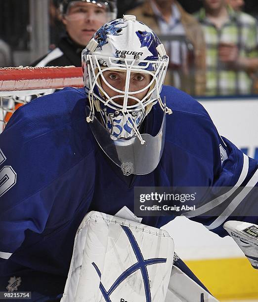 Jonas Gustavsson of the Toronto Maple Leafs defends the goal during the game against the Atlanta Thrashers on March 30, 2010 at the Air Canada Centre...