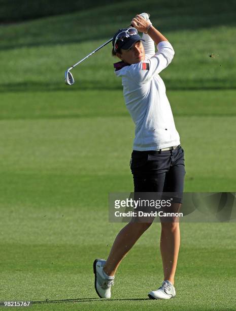 Gwladys Nocera of France plays her second shot at the 10th hole during the second round of the 2010 Kraft Nabisco Championship, on the Dinah Shore...