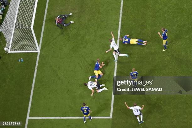 Germany's forward Marco Reus scores his teams equalising goal during the Russia 2018 World Cup Group F football match between Germany and Sweden at...