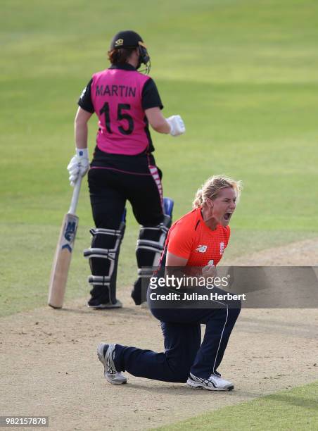 Katherine Brunt of England celebrates the wicket of Sophie Devine of New Zealand during the International T20 Tri-Series match between England Women...