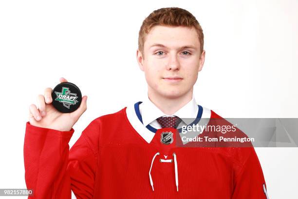 Allan McShane poses after being selected 97th overall by the Montreal Canadiens during the 2018 NHL Draft at American Airlines Center on June 23,...