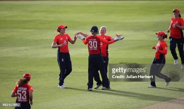 Heather Knight of England celebrates after taking the Wicket of Amy Satterthwaite of New Zealand during the International T20 Tri-Series match...