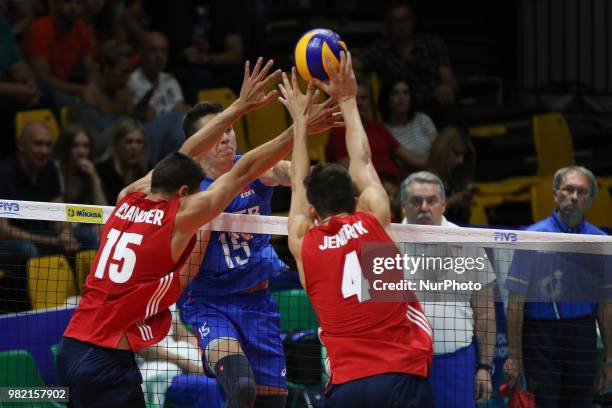 Dmitry Volkov , Brenden Sander and Jeffrey Jendryk during the FIVB Volleyball Nations League 2018 between USA and Russia at Palasport Panini on June...