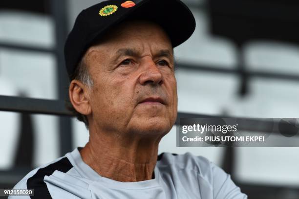 Nigeria's German coach Gernot Rohr watches his players during a training session at Essentuki Arena in southern Russia on June 23 during the Russia...