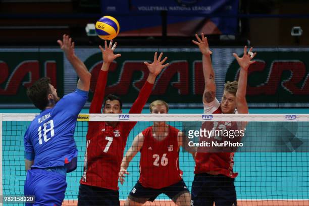 Egor Kliuka attacks during the FIVB Volleyball Nations League 2018 between USA and Russia at Palasport Panini on June 23, 2018 in Modena, Italy.