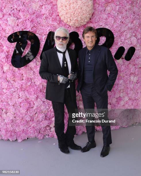 Karl Lagerfeld and Pietro Beccari attend the Dior Homme Menswear Spring/Summer 2019 show as part of Paris Fashion Week on June 23, 2018 in Paris,...