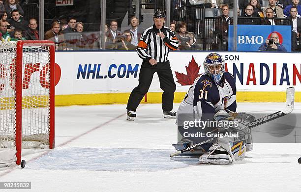 Ondrej Pavelec of the Atlanta Thrashers defends the goal during the game against the Toronto Maple Leafs on March 30, 2010 at the Air Canada Centre...