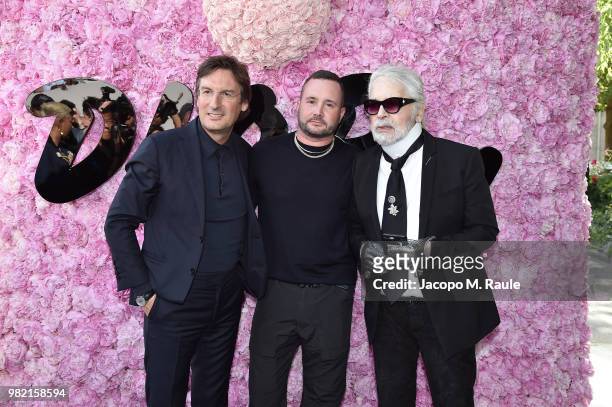 Pietro Beccari, Kim Jones, and Karl Lagerfeld attend the Dior Homme Menswear Spring/Summer 2019 show as part of Paris Fashion Week on June 23, 2018...