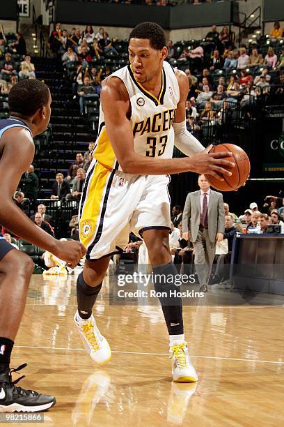 Danny Granger of the Indiana Pacers handles the ball against the Utah Jazz during the game on March 26, 2010 at Conseco Fieldhouse in Indianapolis,...