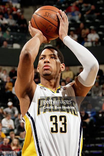 Danny Granger of the Indiana Pacers shoots a free throw against the Utah Jazz during the game on March 26, 2010 at Conseco Fieldhouse in...