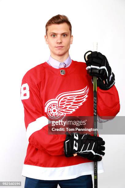 Alec Regula poses after being selected 67th overall by the Detroit Red Wings during the 2018 NHL Draft at American Airlines Center on June 23, 2018...