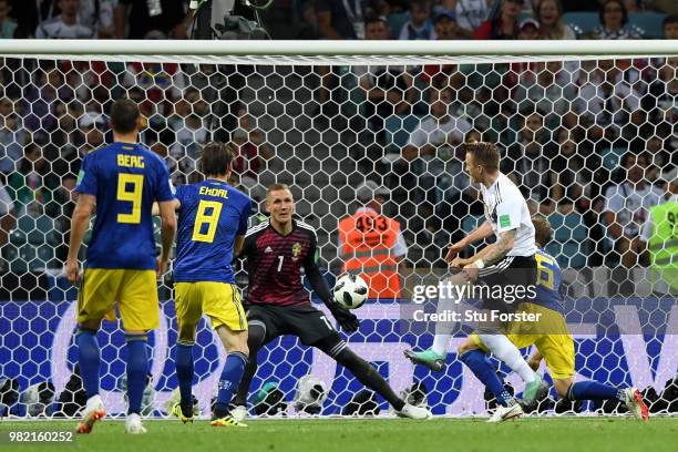 Marco Reus of Germany celebrates scoring his sides opening goal with Mario Gomez to make the score 1-1 during the 2018 FIFA World Cup Russia group F...