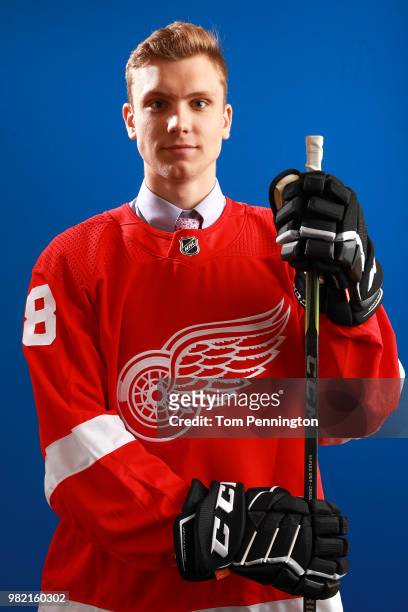 Alec Regula poses after being selected 67th overall by the Detroit Red Wings during the 2018 NHL Draft at American Airlines Center on June 23, 2018...