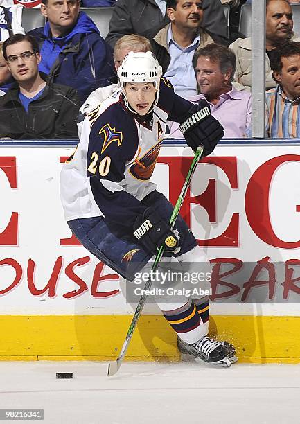 Colby Armstrong of the Atlanta Thrashers skates with the puck during the game against the Toronto Maple Leafs on March 30, 2010 at the Air Canada...