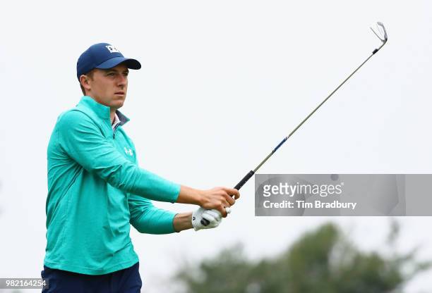 Jordan Spieth of the United States plays his shot from the fifth tee during the third round of the Travelers Championship at TPC River Highlands on...
