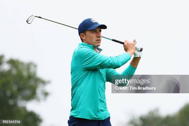 Jordan Spieth of the United States plays his shot from the fifth tee during the third round of the Travelers Championship at TPC River Highlands on...