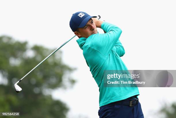 Jordan Spieth of the United States plays his shot from the fifth tee during the third round of the Travelers Championship at TPC River Highlands on...