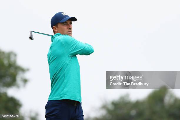 Jordan Spieth of the United States plays his shot from the fifth tee during the third round of the Travelers Championship at TPC River Highlands on...