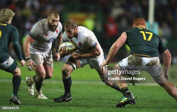 Chris Robshaw of England charges upfield during the third test match between South Africa and England at Newlands Stadium on June 23, 2018 in Cape...