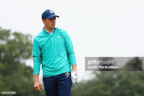Jordan Spieth of the United States watches his shot from the fifth tee during the third round of the Travelers Championship at TPC River Highlands on...