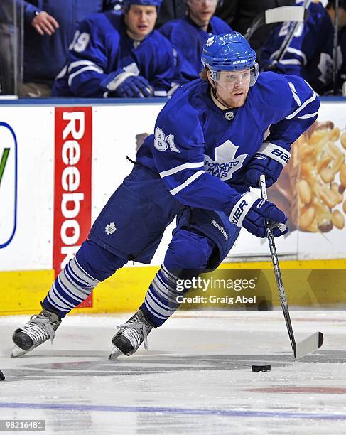 Phil Kessel of the Toronto Maple Leafs skates with the puck during the game against the Atlanta Thrashers on March 30, 2010 at the Air Canada Centre...