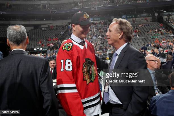Alexis Gravel reacts after being selected 162nd overall by the Chicago Blackhawks during the 2018 NHL Draft at American Airlines Center on June 23,...